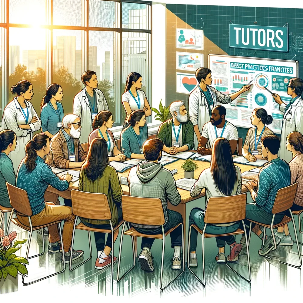 a group of people sitting around a table listening a teacher