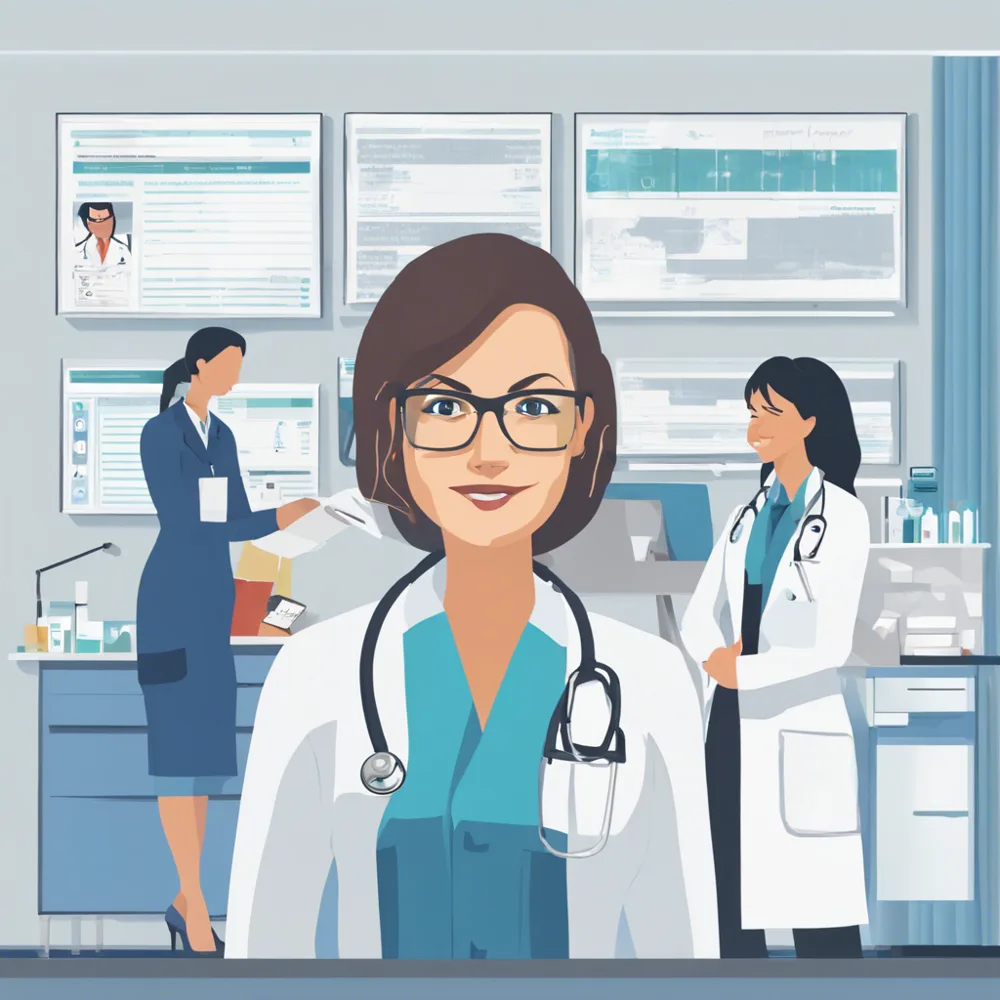 a doctor's office with a doctor and a nurse