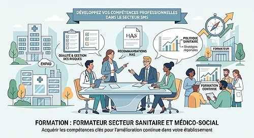 Formateur accompagnant des professionnels pendant une session pédagogique