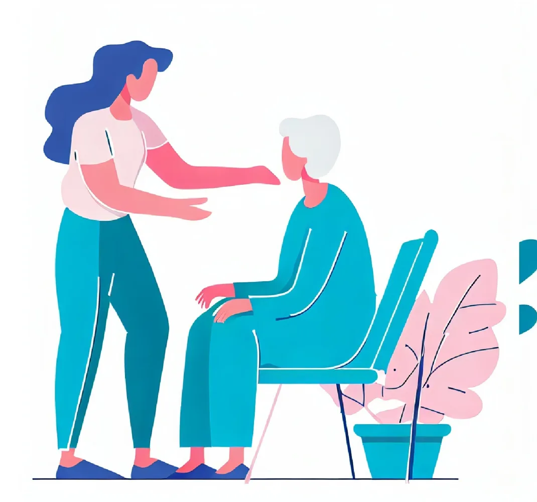 a woman in a chair with a woman helping her